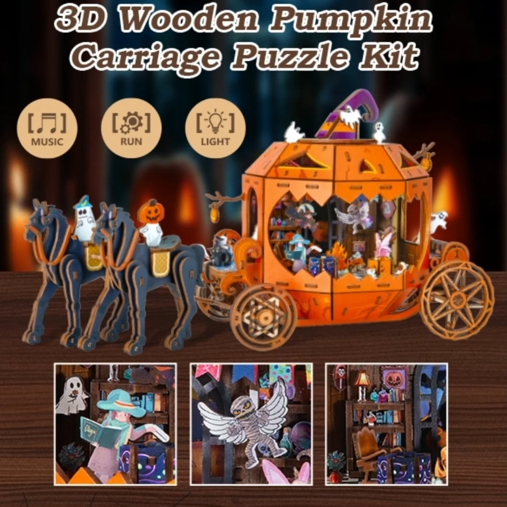 Pumpkin Carriage DIY Wooden Puzzle - Orange and Black
